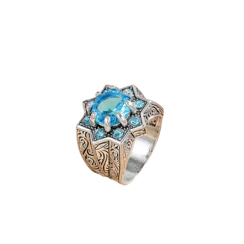 Turquoise Sapphire And Engraved Silver Ring